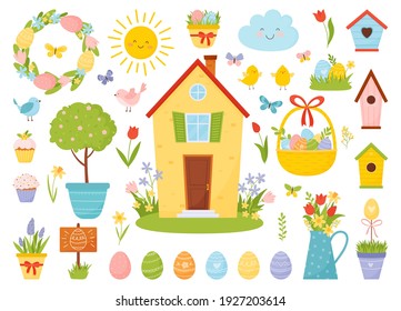 Easter set with birds, eggs, sweet cupcakes, spring flowers and other spring elements.