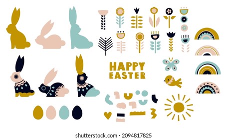 Easter set in boho style. A collection of decorative elements with rabbits, flowers and rainbows. Folk Nordic design