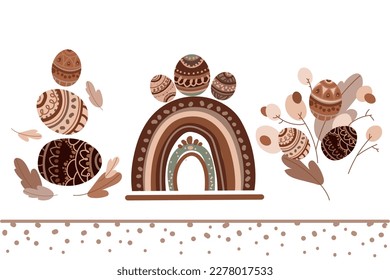 Easter set in boho style.A collection of decorative elements with eggs,rainbow and ornament Folk Nordic design.Happy Easter baner,poster template.Vector illustration, isolated on separate layers.