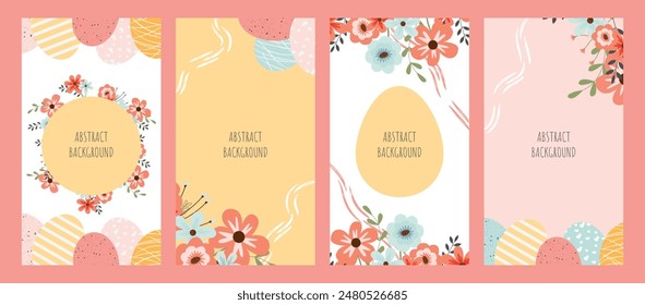 Easter set. Bright Easter editable backgrounds for social media stories with illustrations of eggs and pretty flowers