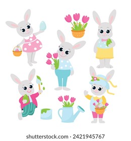 Easter set. Easter bunnies boys and girls with flowers and decorative eggs. The animals are dressed up, coloring eggs and smiling happily.