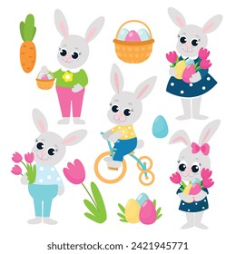 Easter set. Easter bunnies, boys and girls, hold flowers and decorative eggs. The animals are dressed in clothes and smiling happily.