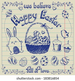 Easter set - bunnies, eggs, basket, lettering, cake, birds. Drawing in a notebook