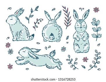 Easter Set with Bunnies. Spring or Summer Floral Elements with Little Rabbits. Hand Drawn Sketch Cute Bunny and  Leaves, Flowers, Branches of Willow Vector Illustration