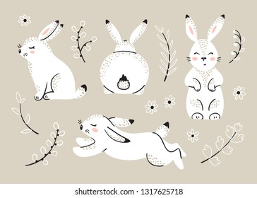 Easter Set with Bunnies. Spring or Summer Floral Elements with Little Rabbits. Cute Bunny with Leaves and Flowers. Hares Vector Illustration