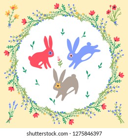 Easter set. Easter bunnies and wildflowers. Rabbits on the meadow. Simple flowers. Flower wreath. Bouquets of wildflowers. Happy easter!