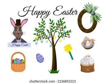 Osterset. Osterhasen, Korb und Gericht mit bunten Eiern, Osterkuchen, Weidenkraut. Osterbaum mit Eiern, ein Strauß mit Narzissen. Vektorgrafik
