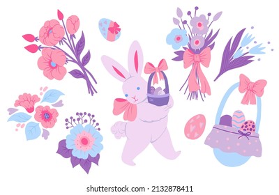 Easter set. Сute Bunny Basket with  Easter Eggs Bouquet of Flowers. Spring 
Flowers. Perfect for printing poster, sticker set, bunners. Hand drawn vector 
cartoon illustration.
