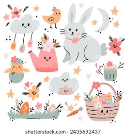 Easter set with bunny, basket, flowers, eggs, chick and design elements. Easter illustration with festive animals in boho style. Ideal for kids room decoration, clothing, prints.