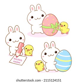 Easter set with bunny and chicken friends. Cute little rabbit and a chick with Easter egg. Holiday collection of patch Kids, stickers with kawaii characters. Vector illustration EPS8