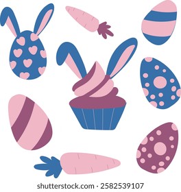 Easter set with bunny ear cupcake, colorful eggs and carrots