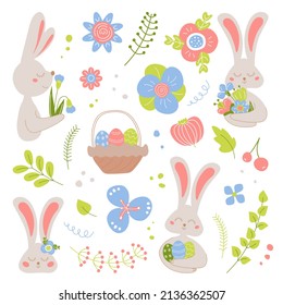 Easter set of bunny, eggs and flowers. Vector spring holiday collection.