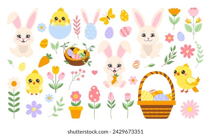 Easter set with bunny, eggs, flowers, basket, nest