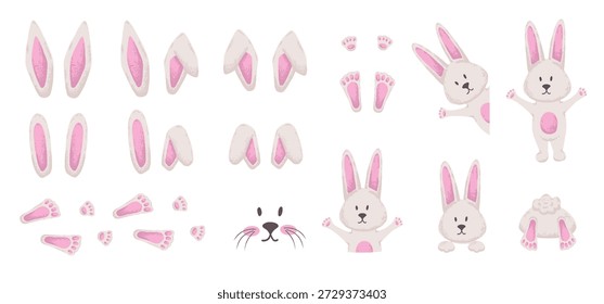 Osterset mit Hase im Loch mit Ohren und Schwanz in weiß und rosa Farbe