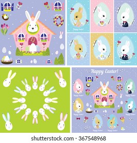 Easter set bunny peeking out of the house card set vector illustration decoration decor kids party holidays