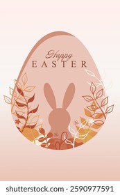 Easter set. Bunny silhouette inside a beige egg, soft floral details, warm pastel hues, artistic seasonal greeting, delicate botanical theme, spring festive decoration