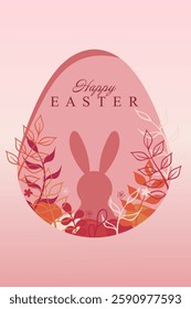 Easter set. Bunny silhouette inside a coral egg, intricate floral frame, delicate botanical accents, pastel spring shades, sophisticated seasonal greeting, festive composition