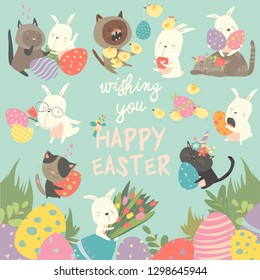 Easter set with bunny,eggs,rabbit,flowers,cats, chick on blue background. vector illustration