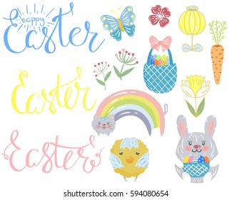Easter set with bunny,eggs,rabbit,flowers,lettering,basket, chick on white background. Stock vector	