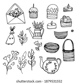 Easter set. Easter cake with a candle, pastry, rabbit, flowers, basket of vine. Happy Easter. Manual graphics. Coloring book for children and adults. for textiles, design, packaging, paper. Isolate. 