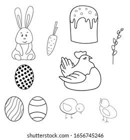 Easter set: Easter cake, chicken, rabbit, eggs, willow, carrots. Vector illustration hand drawn. Doodle style.