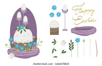 Easter set with cake eggs in little nests with straw and spring flowers happy easter lettering vector 