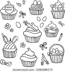 Easter set with cake, muffins and eggs. Easter celebration set with different elements. Muffins are decorated carrots, rabbit ears, flowers and eggs. Vector illustration isolated on white