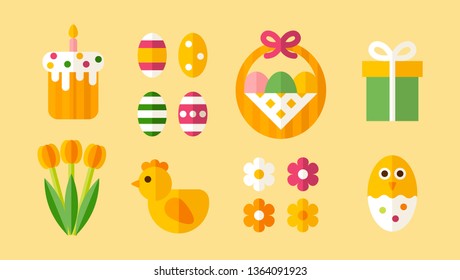 Easter set: easter cake, painted eggs, easter basket, gift, tulips, chick, flowers. Easter decorative objects and symbols. Flat style.