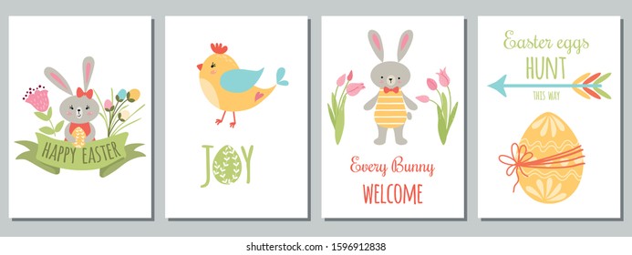Easter set Card collection of Happy Easter elements Cute animals character Rabbit eggs chicken quotes