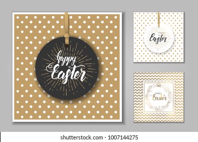 Easter set of cards with paschal hand drawn symbols, hand made trendy lettering "Happy Easter" on golden and white pattern. Banner, flyer, brochure. Background for holidays, postcards, website. Easter set of cards with paschal hand drawn symbols, hand made trendy lettering "Happy Easter" on golden and white pattern. Banner, flyer, brochure. Background for holidays, postcards, website.