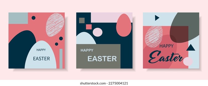 Easter set of cards, posters or covers in modern art style with geometric shapes and eggs. Trendy elegant templates for advertising, branding, congratulations or invitations