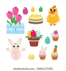 Easter set chick, simnel sake, pot with painted eggs, tree, muffins, cupcakes in cartoon style.