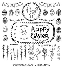 Easter set with chicken, eggs and flowers, flat vector illustration isolated on white background. Easter holiday drawings or stickers collection for postcards and decor. Black lines