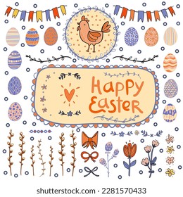 Fiesta de Pascua con pollo, huevos y flores, ilustración plana vectorial aislada en fondo blanco. Dibujos de vacaciones de Semana Santa o colección de pegatinas para postales y decoración. Conjunto de colores