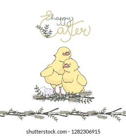 easter set chicken lettering and seamless floral border