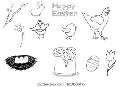 Easter set : chicken rabbit Easter cake, egg, willow, nest, tulip, flower, narcissus, rabbit, bunny, hare, chicks  black and white coloring isolated on white background