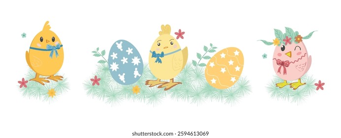 Easter set of chickens on a white background. Vector illustration