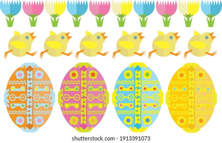 Easter set of chicks tulips and decorative sugar eggs