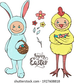 Easter set with children dressed in rabbit and chicken costumes on a white background. Vector illustration.