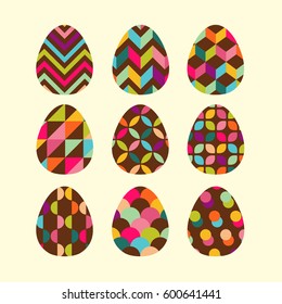 Easter set of chocolate egg. Geometric painted egg greeting card. Easter eggs vector icons. 