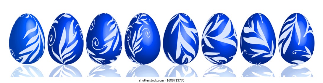 Easter set with classic blue ornate eggs isolated on white background. Design for card, postcard, wallpaper, posters. Vector stock illustration. 3d collection.