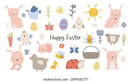 Easter set. Collection of cute animals, birds and insects, blooming flowers and floral decorations, isolated on white background. Bright colored vector illustration in flat cartoon style.