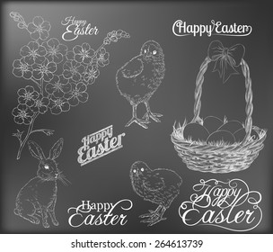 Easter set. Collection of hand - drawn Easter related animals and objects. Two chickens, rabbit, basket with eggs, forget me not flowers  and Happy Easter lettering on chalkboard  background.