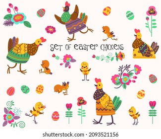 Conjunto de gallinas y gallinas coloridas, lindas y divertidas. Bouquets, flores y huevos de Pascua. Vector plano aislado sobre fondo blanco.