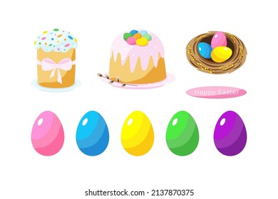 Easter set of colorful eggs,nest and Easter Cakes.Vector illustration isolated on white background.For stickers,patterns,postcards,prints.