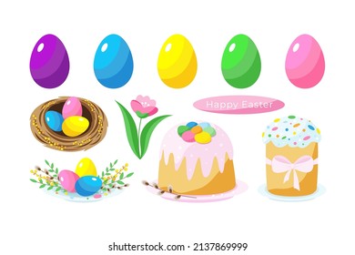 Easter Set Of Colorful Eggs,nest,plate With Eggs,Easter Cakes And Flower.Vector Illustration Isolated On White Background.For Stickers,patterns,postcards,prints.