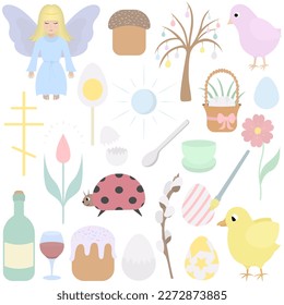 Easter set of colorful illustrations. Spring collection. Color vector clipart. Flat style. Easter egg, chick, flower, fairy. Isolated background. Happy Easter. Idea for web design.