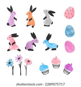 Semana Santa con conejos coloridos, huevos y flores. Ilustración de la acuarela del vector