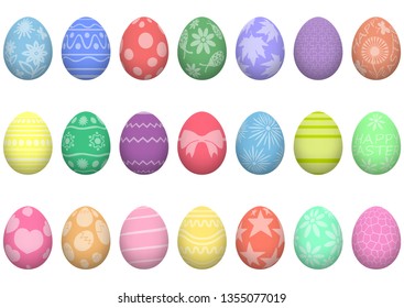 Easter. Set of colorful realistic Easter eggs with patterns. Decoration for the holiday. Isolated on white background. Vector illustration. EPS10