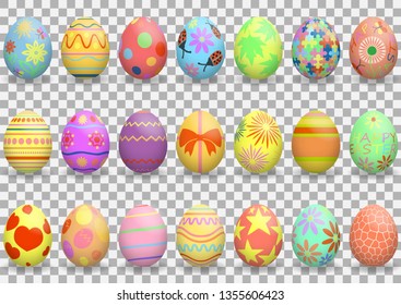 Easter. Set of colorful realistic Easter eggs with patterns. Decoration for the holiday. Isolated on transparent background. Vector illustration. EPS10